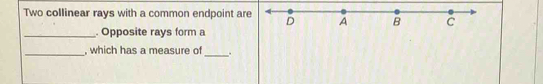 Two collinear rays with a common endpoint are 
_. Opposite rays form a 
_, which has a measure of 
_