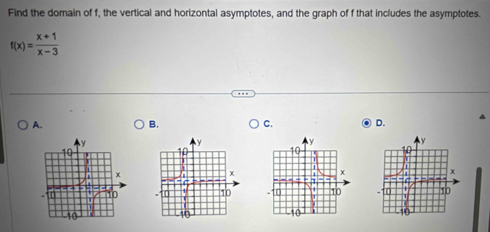 Find the domain of f, the vertical and horizontal asymptotes, and the graph of f that includes the asymptotes.
f(x)= (x+1)/x-3 
A. 
B. 
C. 
D.