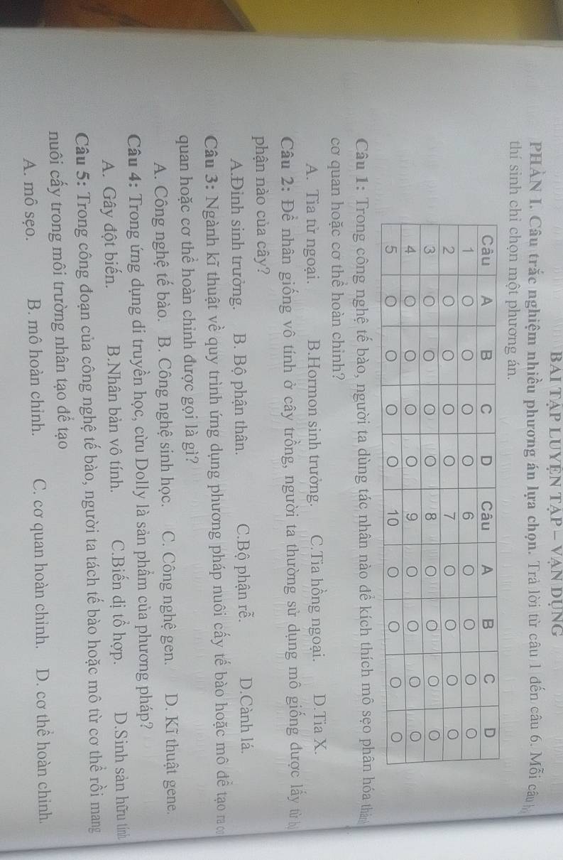 BAi Tạp Luyện tẠp - Vạn dụng
PHẢN I. Câu trắc nghiệm nhiều phương án lựa chọn. Trả lời từ câu 1 đến câu 6. Mỗi câu h
thí sinh chỉ chọn một phương án.
Câu 1: Trong công nghệ tế bào, người ta dùng tác nhân nào để kích thích mô sẹo phân hóa thàn
cơ quan hoặc cơ thể hoàn chinh?
A. Tia tử ngoại. B.Hormon sinh trưởng. C.Tia hồng ngoại. D.Tia X.
Câu 2: Đề nhân giống vô tính ở cây trồng, người ta thường sử dụng mô giống được lấy từ bị
phận nào của cây?
A.Đinh sinh trưởng. B. Bộ phận thân. C.Bộ phận rễ. D.Cành lá.
Câu 3: Ngành kĩ thuật về quy trình ứng dụng phương pháp nuôi cấy tế bào hoặc mô để tạo ra o
quan hoặc cơ thể hoàn chỉnh được gọi là gì?
A. Công nghệ tế bào. B. Công nghệ sinh học. C. Công nghệ gen. D. Kĩ thuật gene.
Câu 4: Trong ứng dụng di truyền học, cừu Dolly là sản phầm của phương pháp?
A. Gây đột biến. B.Nhân bản vô tính. C.Biến dị tổ hợp. D.Sinh sản hữu tính
Câu 5: Trong công đoạn của công nghệ tế bào, người ta tách tế bào hoặc mô từ cơ thể rồi mang
nuôi cấy trong môi trường nhân tạo để tạo
A. mô sẹo. B. mô hoàn chinh. C. cơ quan hoàn chỉnh. D. cơ thể hoàn chinh.