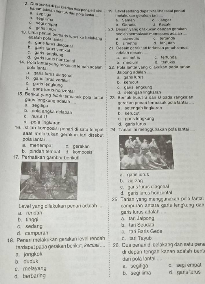 Dua penan di sisí kir dan dua penari di sisi 19 Level sedang dapat kita lihat saat penar
kanan adalah bentuk dari pola lantai melakukan gerakan tan
a segitiga
b. segi lima
a Saman c Janger
c. segi empat
b Garuda d Kecak
d gans lurus 20. Desain yang dilakukan dengan gerakan
seolah bermaksud merespons adalah .
13. Lima penari berbaris lurus ke belakang a asimetris c tertunda
adalah pola lantai
b simetris d lanjutan
agaris lurus diagonal
21. Desain gerak tari terkesan penuh emosi
b garis lurus vertikal
c garis lengkung
adalah desain
a. asimetris c tertunda
d. garis lurus horizontal
b medium d. terlukis
14. Pola lantai yang terkesan lemah adalah 22. Pola lantai yang dilakukan pada tarian
pola lantai
Jaipong adalah
a. garis lurus diagonal
a garis lurus
b. garis lurus vertikal
b. kerucut
c. garis lengkung
c garis lengkung
d. garis lurus horizontal
d. setengah lingkaran
15. Berikut yang tidak termasuk pola lantai 23. Bentuk huruf S dan U pada rangkaian
garis lengkung adalah ....
gerakan penari termasuk pola lantai ....
a. segitiga
a. setengah lingkaran
b. pola angka delapan b. kerucut
c. huruf U c. garis lengkung
d. pola lingkaran d. garis lurus
16. Istilah komposisi penari di satu tempat 24. Tarian ini menggunakan pola lantai ....
saat melakukan gerakan tari disebut
pola lantai ….
a. menempat c gerakan
b. pindah tempat d. komposisi
17. Perhatikan gambar berikut!
a. garis lurus
b. zig-zag
c. garis lurus diagonal
d. garis lurus horizontal
25. Tarian yang menggunakan pola lantai
Level yang dilakukan penari adalah .... campuran antara garis lengkung dan
a. rendah garis lurus adalah ....
b. tinggi a. tari Jaipong
c. sedang b. tari Seudati
d. campuran c tari Baris Gede
18. Penari melakukan gerakan level rendah d. tari Tayub
terdapat pada gerakan berikut, kecuali .... 26. Dua penari di belakang dan satu pena
a. jongkok di depan tengah kanan adalah bent
b. duduk dari pola lantai …
c. melayang a. segitiga c. segi empat
b. segi lima
d berbaring d garis lurus