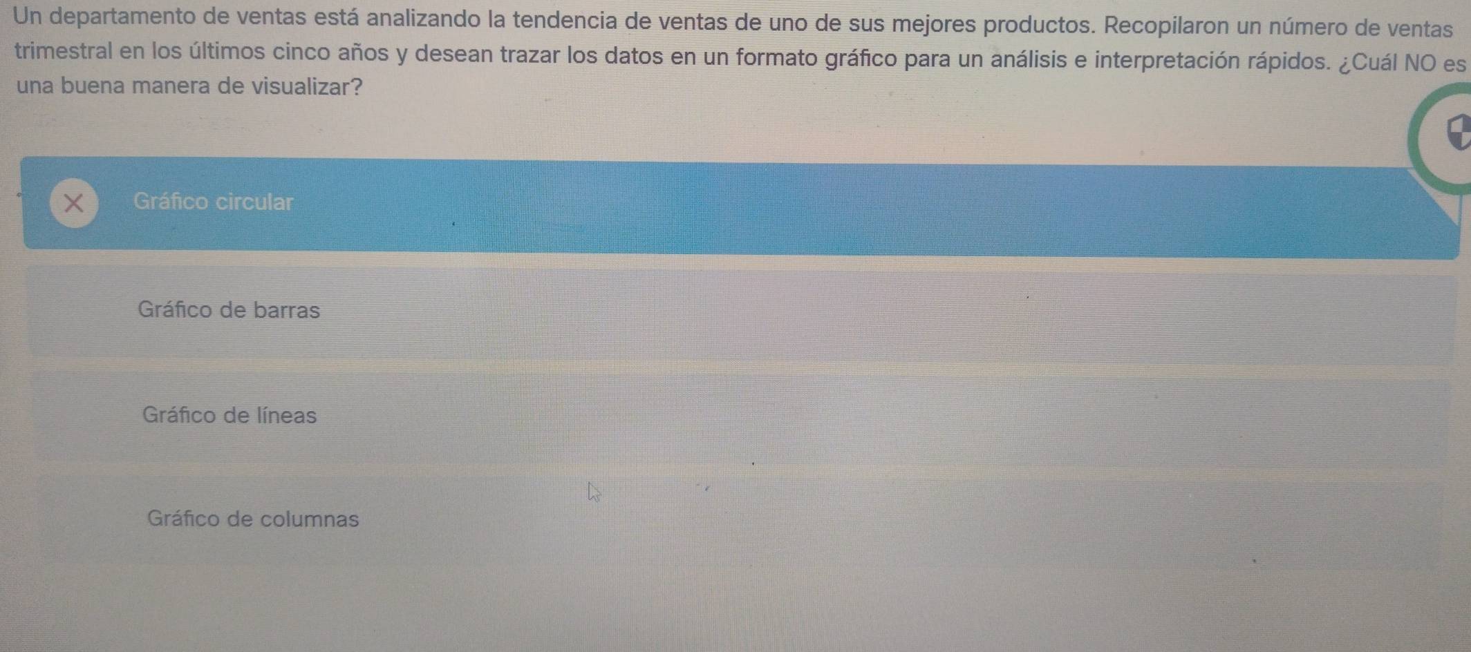 Un departamento de ventas está analizando la tendencia de ventas de uno de sus mejores productos. Recopilaron un número de ventas
trimestral en los últimos cinco años y desean trazar los datos en un formato gráfico para un análisis e interpretación rápidos. ¿Cuál NO es
una buena manera de visualizar?
Gráfico circular
Gráfico de barras
Gráfico de líneas
Gráfico de columnas