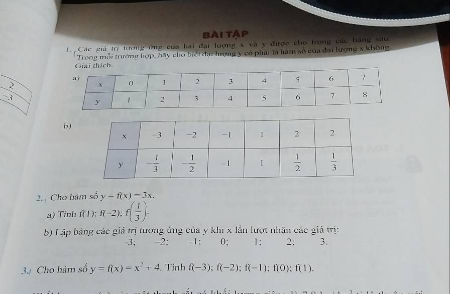 bài tập
1 Các giá trị tương ứng của hai đại lượng x và y được cho trong các bảng sau
Trong mỗi trường hợp, hãy cho biết đại lượng y có phái là hàm số của đại lượng x không
2
-3
b)
2. Cho hàm số y=f(x)=3x.
a) Tính f(1):f(-2):f( 1/3 ).
b) Lập bảng các giá trị tương ứng của y khi x lần lượt nhận các giá trị:
-3; -2; -1; 0; 1: 2; 3.
3. Cho hàm số y=f(x)=x^2+4. Tính f(-3);f(-2);f(-1);f(0);f(1).