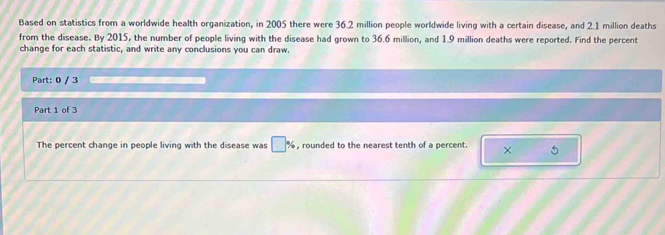 Based on statistics from a worldwide health organization, in 2005 there were 36.2 million people worldwide living with a certain disease, and 2.1 million deaths 
from the disease. By 2015, the number of people living with the disease had grown to 36.6 million, and 1.9 million deaths were reported. Find the percent 
change for each statistic, and write any conclusions you can draw. 
Part: 0 / 3 
Part 1 of 3 
The percent change in people living with the disease was □ % , rounded to the nearest tenth of a percent. × 5