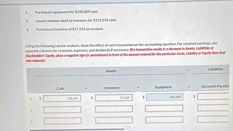 Purchased equipment for $240,389 cash. 
2. Issued common stock to investors for $115,576 cash. 
3. Purchased inventory of $57,524 on account. 
Using the following tabular analysis, show the effect of each transaction on the accounting equation. For retained earnings, use 
separate columns for revenues, expenses, and dividends if necessary. (If a transaction results in a decrease in Assets, Liabilities or 
Stockholders’ Equity, place a negative sign (or parentheses) in front of the amount entered for the particular Asset, Liability or Equity item that 
was reduced.) 
Assets Liabilities 
Cash + Inventory + Equipment = Accounts Payable 
1. $ 115,576 $ 57,524 $ 240,389 $ 
2. 
3.