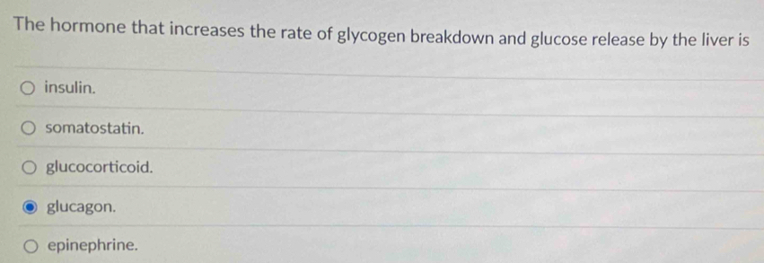 The hormone that increases the rate of glycogen breakdown and glucose release by the liver is
insulin.
somatostatin.
glucocorticoid.
glucagon.
epinephrine.