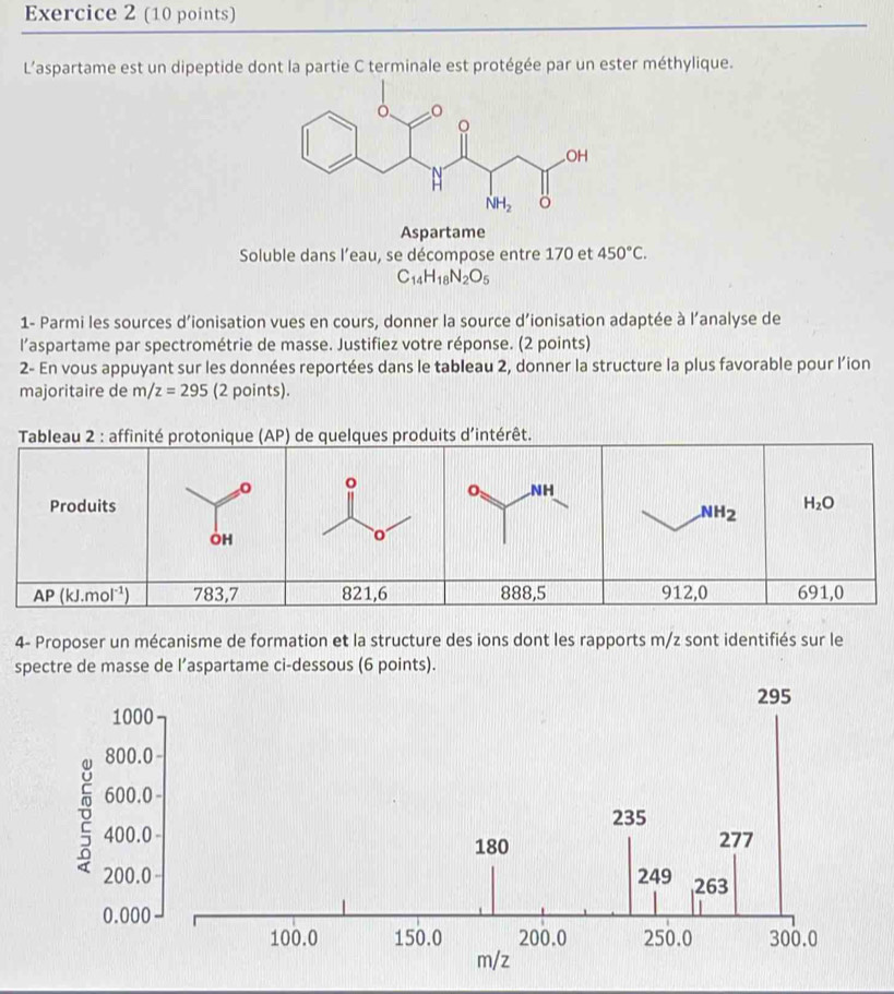 L'aspartame est un dipeptide dont la partie C terminale est protégée par un ester méthylique.
Aspartame
Soluble dans l’eau, se décompose entre 170 et 450°C.
C_14H_18N_2O_5
1- Parmi les sources d’ionisation vues en cours, donner la source d’ionisation adaptée à l’analyse de
l’aspartame par spectrométrie de masse. Justifiez votre réponse. (2 points)
2- En vous appuyant sur les données reportées dans le tableau 2, donner la structure la plus favorable pour l’ion
majoritaire de m/z=295 (2 points).
4- Proposer un mécanisme de formation et la structure des ions dont les rapports m/z sont identifiés sur le
spectre de masse de l’aspartame ci-dessous (6 points).