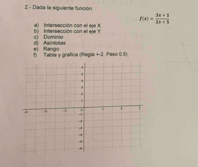 2.- Dada la siguiente función:
f(x)= (3x+1)/2x+5 
a) Intersección con el eje X
b) Intersección con el eje Y
c) Dominio 
d) Asíntotas 
e) Rango 
f) Tabla y grafica (Regla +-2, Paso 0.5)