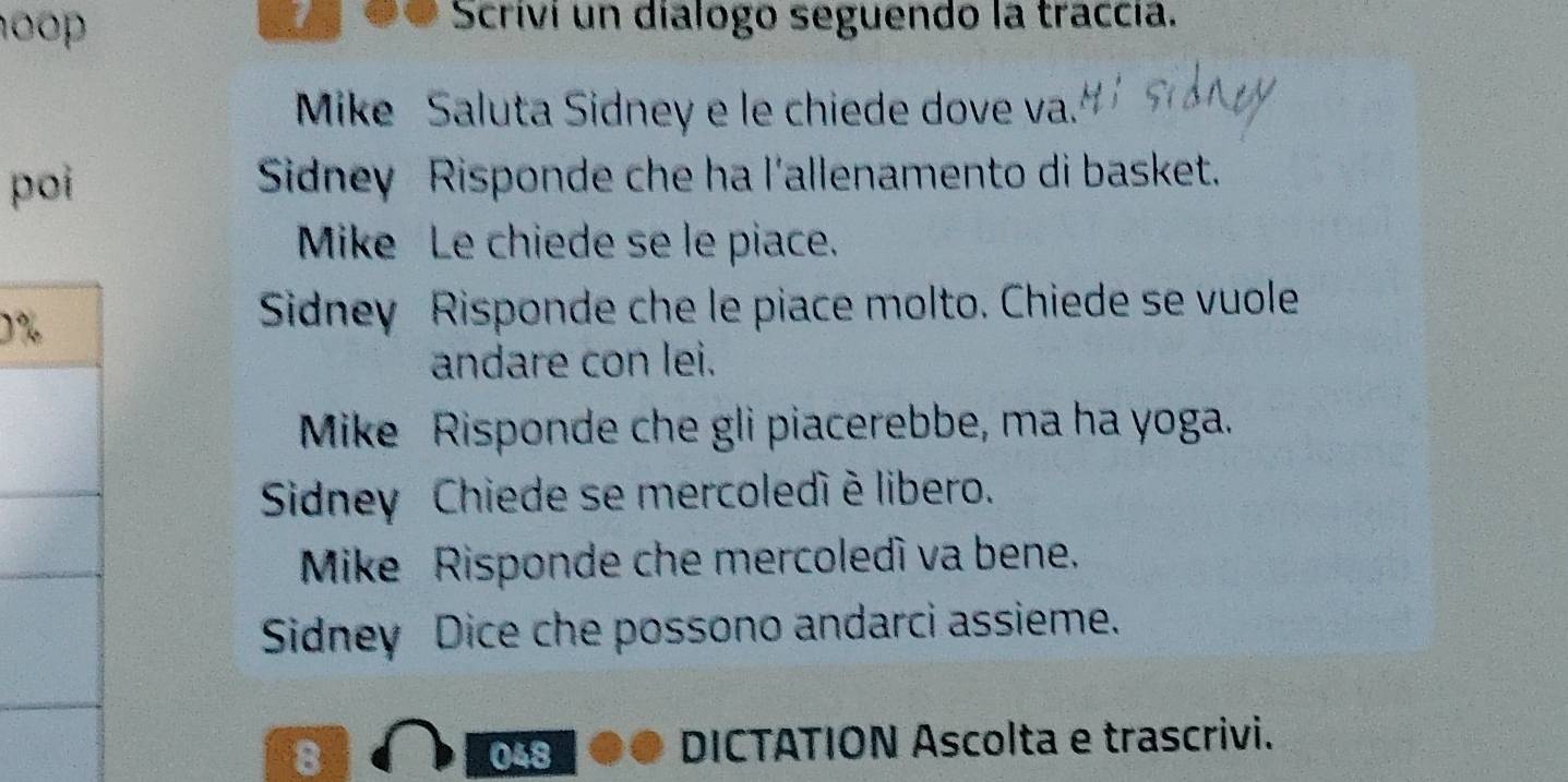 oo 
E ●● Scriví un dialogo seguendo la traccía. 
Mike Saluta Sidney e le chiede dove va. 
poi Sidney Risponde che ha l'allenamento di basket. 
Mike Le chiede se le piace. 
) 
Sidney Risponde che le piace molto. Chiede se vuole 
andare con lei. 
Mike Risponde che gli piacerebbe, ma ha yoga. 
Sidney Chiede se mercoledí é libero. 
Mike Risponde che mercoledì va bene. 
Sidney Dice che possono andarci assieme. 
8 048 DICTATION Ascolta e trascrivi.