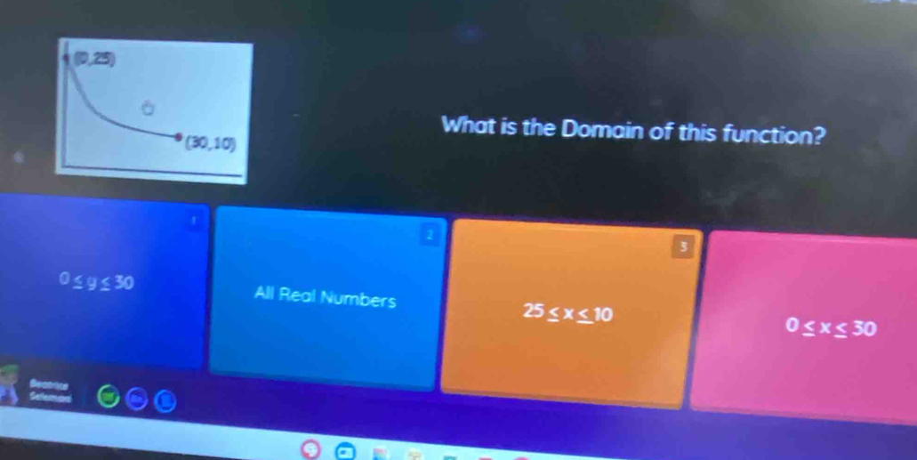 What is the Domain of this function?
3
0≤ y≤ 30 All Real Numbers 25≤ x≤ 10
0≤ x≤ 30