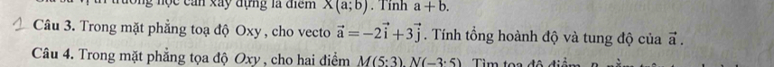 Ông nộc can xây đựng là điểm X(a;b). Tính a+b. 
Câu 3. Trong mặt phẳng toạ độ Oxy , cho vecto vector a=-2vector i+3vector j. Tính tổng hoành độ và tung độ của vector a. 
Câu 4. Trong mặt phẳng tọa độ Oxy , cho hai điểm M(5:3). N(-3:5) Tìm toa đê
