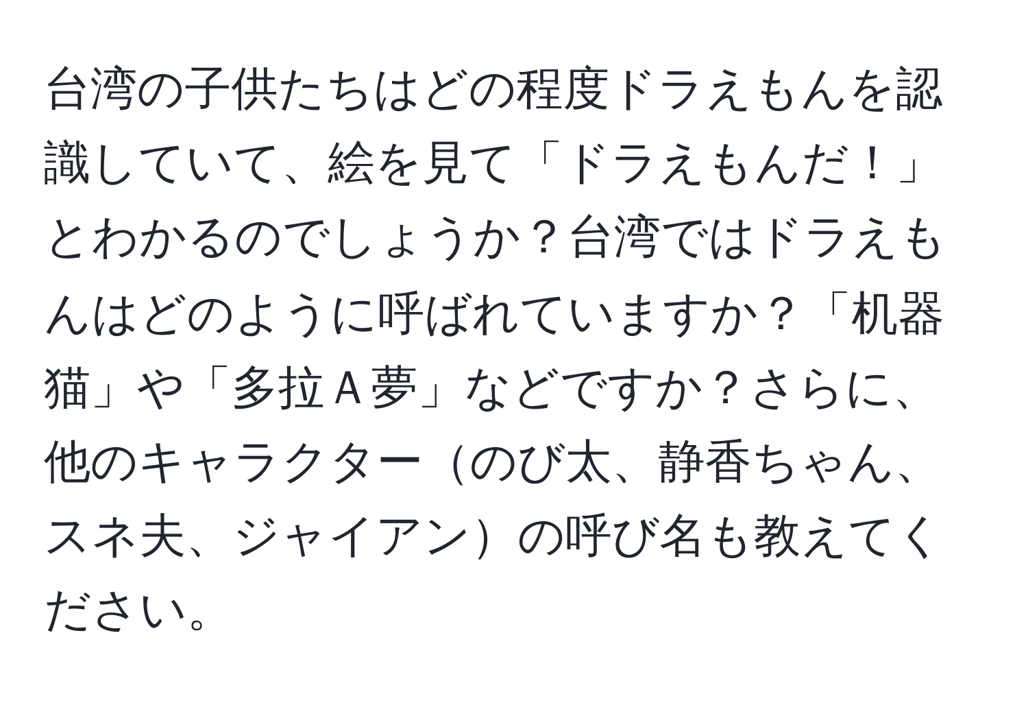 台湾の子供たちはどの程度ドラえもんを認識していて、絵を見て「ドラえもんだ！」とわかるのでしょうか？台湾ではドラえもんはどのように呼ばれていますか？「机器猫」や「多拉Ａ夢」などですか？さらに、他のキャラクターのび太、静香ちゃん、スネ夫、ジャイアンの呼び名も教えてください。