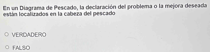 En un Diagrama de Pescado, la declaración del problema o la mejora deseada
están localizados en la cabeza del pescado
VERDADERO
FALSO