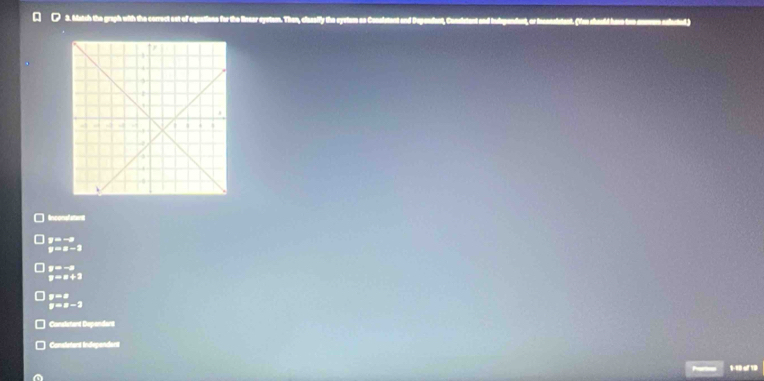 Mistch the graph with the correct est of equations for the lineer system. Then, easify the syvtum as Conslstant and Dependant, Consistant and indspendent, or inassalstant. (Yee should hae too anemum aelected)
□ inconsfatan
yn -
1all
1:1
y=a-3
Canslstart Dependant
Cansieters Independens
1-10of 10
a