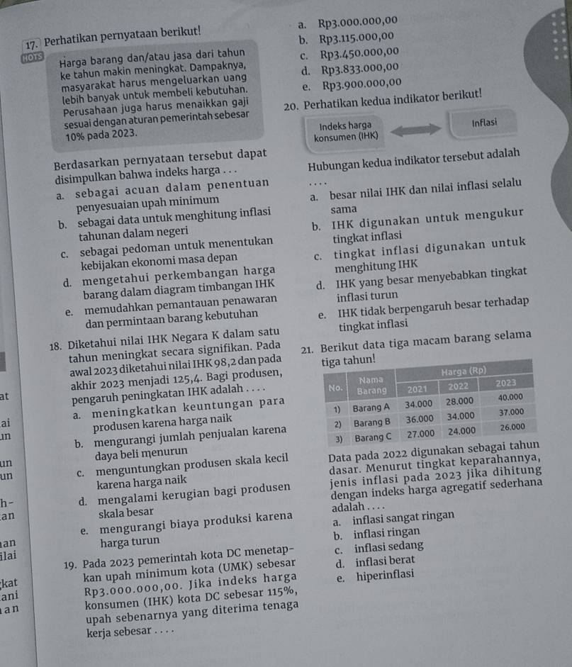 Perhatikan pernyataan berikut! a. Rp3.000.000,00
b. Rp3.115.000,00
HOTS Harga barang dan/atau jasa dari tahun c. Rp3.450.000,00
ke tahun makin meningkat. Dampaknya, d. Rp3.833.000,00
masyarakat harus mengeluarkan uang
lebih banyak untuk membeli kebutuhan. e. Rp3.900.000,00
Perusahaan juga harus menaikkan gaji 20. Perhatikan kedua indikator berikut!
sesuai dengan aturan pemerintah sebesar
10% pada 2023. Indeks harga Inflasi
konsumen (IHK)
Berdasarkan pernyataan tersebut dapat
disimpulkan bahwa indeks harga . . . Hubungan kedua indikator tersebut adalah
a. sebagai acuan dalam penentuan
penyesuaian upah minimum a. besar nilai IHK dan nilai inflasi selalu
b. sebagai data untuk menghitung inflasi sama
tahunan dalam negeri b. IHK digunakan untuk mengukur
c. sebagai pedoman untuk menentukan tingkat inflasi
kebijakan ekonomi masa depan
c. tingkat inflasi digunakan untuk
d. mengetahui perkembangan harga menghitung IHK
barang dalam diagram timbangan IHK d. IHK yang besar menyebabkan tingkat
e. memudahkan pemantauan penawaran inflasi turun
dan permintaan barang kebutuhan e. IHK tidak berpengaruh besar terhadap
18. Diketahui nilai IHK Negara K dalam satu tingkat inflasi
tahun meningkat secara signifikan. Pada 21. Berikut data tiga macam barang selama
awal 2023 diketahui nilai IHK 98,2 dan pada 
akhir 2023 menjadi 125,4. Bagi produsen,
at pengaruh peningkatan IHK adalah . . . . 
ai a. meningkatkan keuntungan para
in produsen karena harga naik
b. mengurangi jumlah penjualan karena
un daya beli menurun 
un c. menguntungkan produsen skala kecil Data pada 2022 digunakan se
karena harga naik dasar. Menurut tingkat keparahannya,
h- d. mengalami kerugian bagi produsen jenis inflasi pada 2023 jika dihitung
dengan indeks harga agregatif sederhana
an skala besar
e. mengurangi biaya produksi karena adalah . . . .
an a. inflasi sangat ringan
b. inflasi ringan
ilai harga turun
19. Pada 2023 pemerintah kota DC menetap- c. inflasi sedang
;kat kan upah minimum kota (UMK) sebesar d. inflasi berat
ani Rp3.000.000,00. Jika indeks harga e. hiperinflasi
an konsumen (IHK) kota DC sebesar 115%,
upah sebenarnya yang diterima tenaga
kerja sebesar . . . .