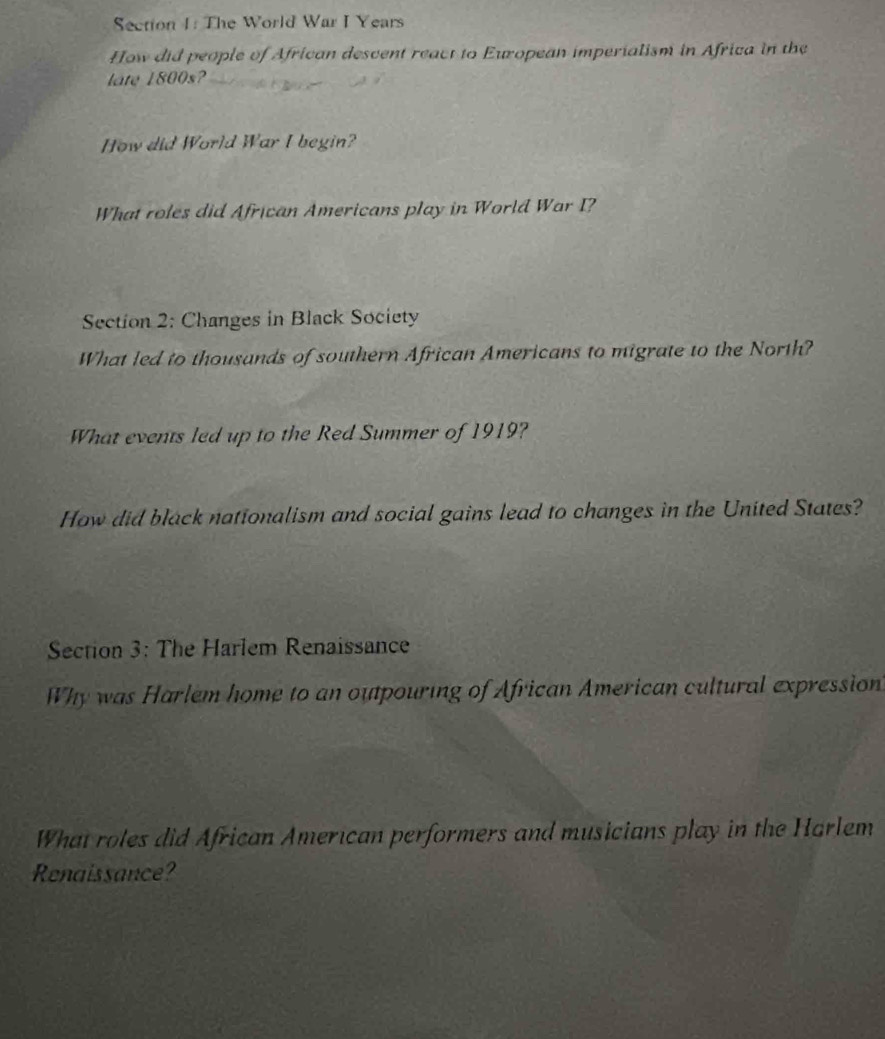 The World War I Years 
How did people of African descent react to European imperialism in Africa in the 
late 1800s 
How did World War I begin? 
What roles did African Americans play in World War I? 
Section 2: Changes in Black Society 
What led to thousands of southern African Americans to migrate to the North? 
What events led up to the Red Summer of 1919? 
How did black nationalism and social gains lead to changes in the United States? 
Section 3: The Harlem Renaissance 
Why was Harlem home to an outpouring of African American cultural expression 
What roles did African American performers and musicians play in the Harlem 
Renaissance?