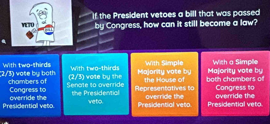 If the President vetoes a bill that was passed
by Congress, how can it still become a law?
Q
With two-thirds With two-thirds With Simple With a Simple
(2/3) vote by both (2/3) vote by the Majority vote by Majority vote by
chambers of Senate to override the House of both chambers of
Congress to the Presidential Representatives to Congress to
override the override the override the
veto.
Presidential veto. Presidential veto. Presidential veto.