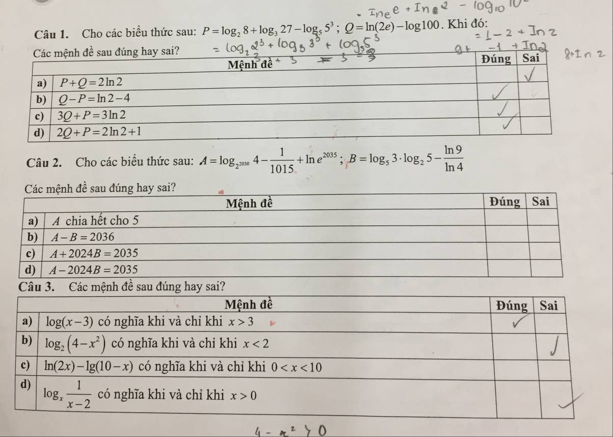 Cho các biểu thức sau: P=log _28+log _327-log _55^3;Q=ln (2e)-log 100. Khi đó:
Câu 2. Cho các biểu thức sau: A=log _2^(2000)4- 1/1015 +ln e^(2035);B=log _53· log _25- ln 9/ln 4 