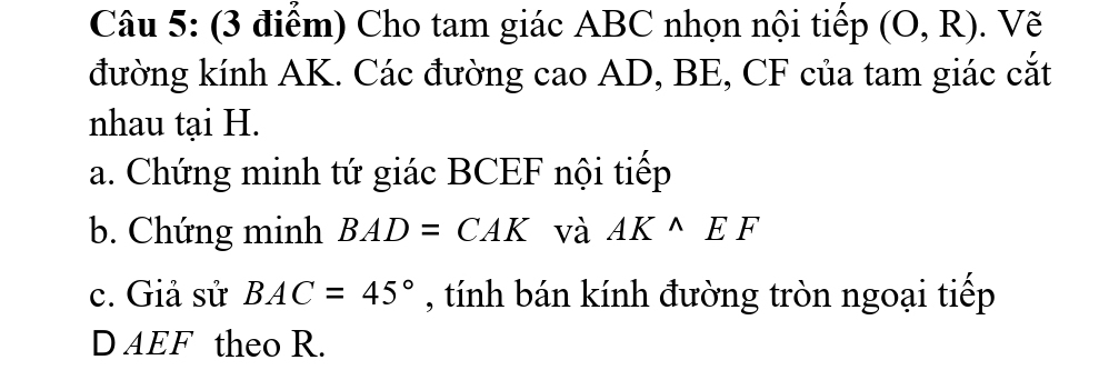 Cho tam giác ABC nhọn nội tiếp (O,R). Về 
đường kính AK. Các đường cao AD, BE, CF của tam giác cắt
nhau tại H. 
a. Chứng minh tứ giác BCEF nội tiếp 
b. Chứng minh BAD= CAK và AK^(wedge)EF
c. Giả sử BAC=45° , tính bán kính đường tròn ngoại tiếp 
D AEF theo R.