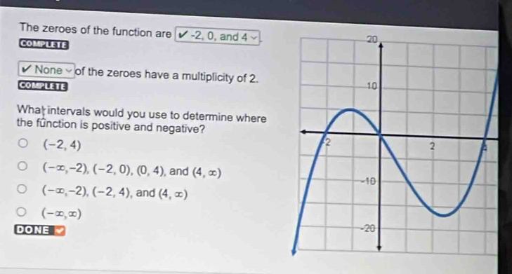 The zeroes of the function are √ -2, 0, and 4
COMPLETE
None of the zeroes have a multiplicity of 2.
COMPLETE
What intervals would you use to determine where
the function is positive and negative?
(-2,4)
(-∈fty ,-2), (-2,0),(0,4) , and (4,∈fty )
(-∈fty ,-2), (-2,4) , and (4,∈fty )
(-∈fty ,∈fty )
DONE 、