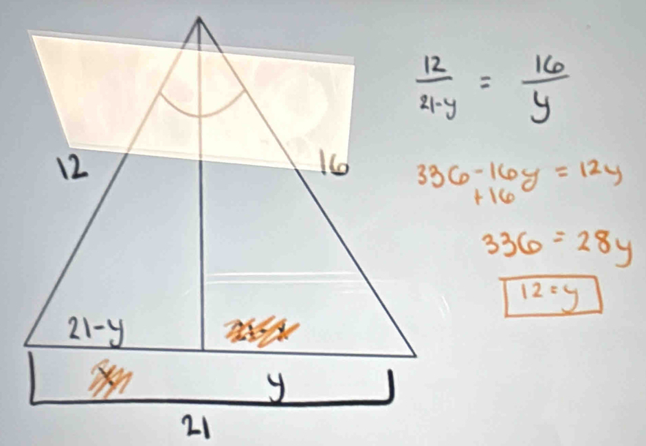  12/4-y = 16/y 
336-16y=12y
336=28y
12=y