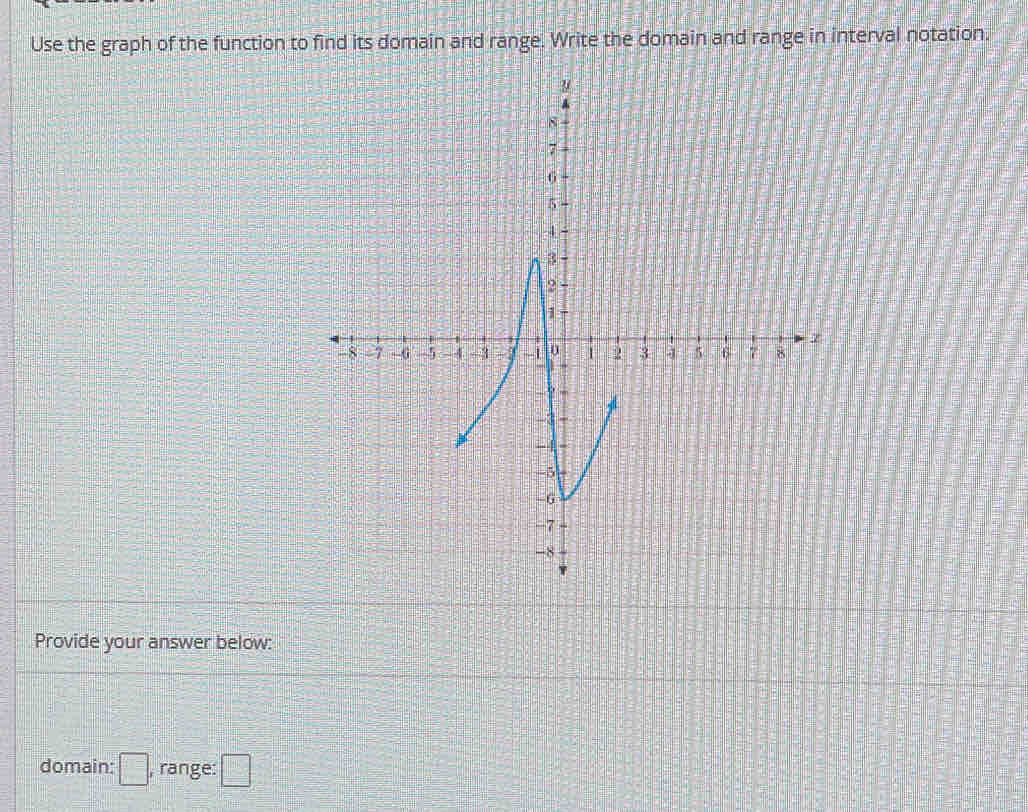 Use the graph of the function to find its domain and range. Write the domain and range in interval notation. 
Provide your answer below: 
domain: □ , range: □