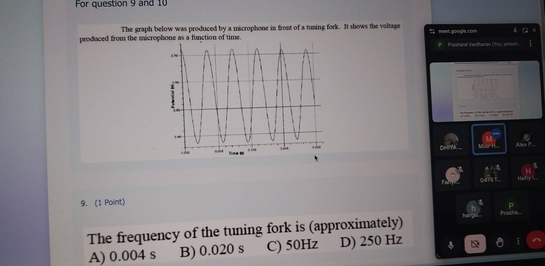 For question 9 and 10
The graph below was produced by a microphone in front of a tuning fork. It shows the voltage
%。 meet.google.com
produced from the microphone as a function of time.
P Prashand Vardhanan (You, presen...
Alex P.
DHIYA ..
Mior H...
0473 T... Hat
9. (1 Point)
P
hargu... Prasha...
The frequency of the tuning fork is (approximately)
A) 0.004 s B) 0.020 s C) 50Hz D) 250 Hz