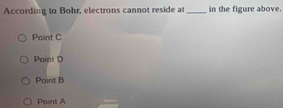 According to Bohr, electrons cannot reside at _in the figure above.
Point C
Paint D
Point B
Point A