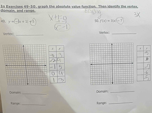 In Exercises 49-50, graph the absolute value function. Then identify the vertex, 
domain, and range. 
49. y=-|x+1|+5 50. f(x)=3|x|-7
Vertex: _Vertex:_ 
_ 
Domain: Domain:_ 
Range: _Range:_