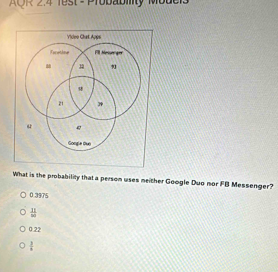 AQR 2.4 fest - Probabliity Mudels
What is the probability that a person uses neither Google Duo nor FB Messenger?
0.3975
 11/50 
0.22
 3/8 