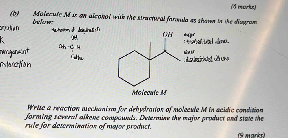 Molecule M is an alcohol with the structural formula as shown in the diagram 
below: 
Write a reaction mechanism for dehydration of molecule M in acidic condition 
forming several alkene compounds. Determine the major product and state the 
rule for determination of major product. 
(9 marks)