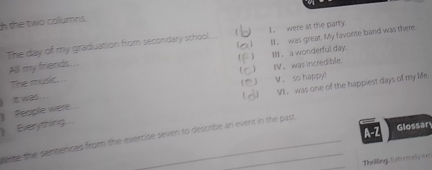 the two columns. 
The day of my graduation from secondary school... [ I. were at the party. 
Alll my friends. .. II . was great. My favorite band was there. 
) III .a wonderful day. 
) IV、was incredible. 
The music. .. 
) V. so happy! 
VI. was one of the happiest days of my life. 
It was ... 
People were. .. 
) Everything... 
A-2 Glossary 
te the sentences from the exercise seven to describe an event in the past. 
_Thrilling, Extremely exe