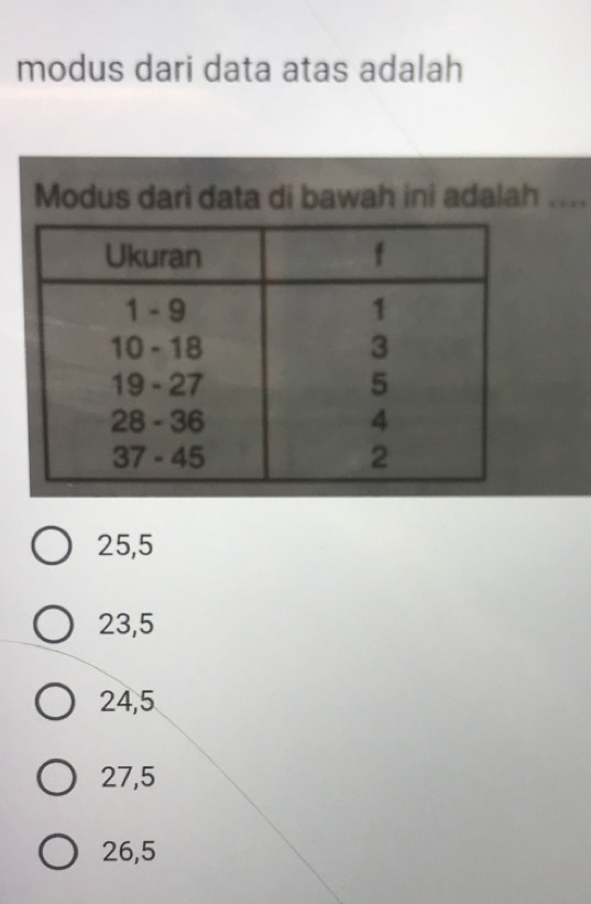 modus dari data atas adalah
Modus dari data di bawah ini adalah_
25,5
23,5
24, 5
27, 5
26,5