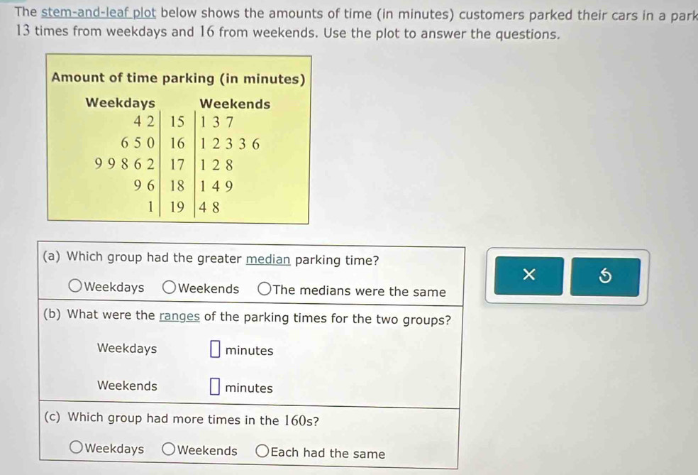 The stem-and-leaf plot below shows the amounts of time (in minutes) customers parked their cars in a park
13 times from weekdays and 16 from weekends. Use the plot to answer the questions.
Amount of time parking (in minutes)
Weekdays Weekends
4 2 15 1 3 7
6 5 0 16 1 2 3 3 6
9 9 8 6 2 17 1 2 8
9 6 18 1 4 9
1 19 4 8
(a) Which group had the greater median parking time?
× 5
Weekdays Weekends The medians were the same
(b) What were the ranges of the parking times for the two groups?
Weekdays minutes
Weekends minutes
(c) Which group had more times in the 160s?
Weekdays Weekends Each had the same