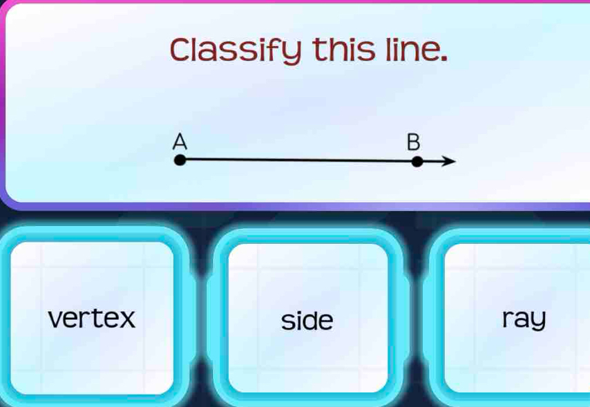 Classify this line.
A
B
vertex side ray