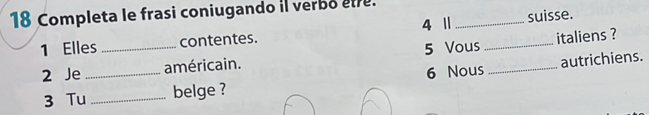 Completa le frasi coniugando il verbo etre. 
1 Elles _contentes. 4 Ⅱ __suisse. 
2 Je _américain. 5 Vous _italiens ? 
6 Nous autrichiens. 
3 Tu _belge ?