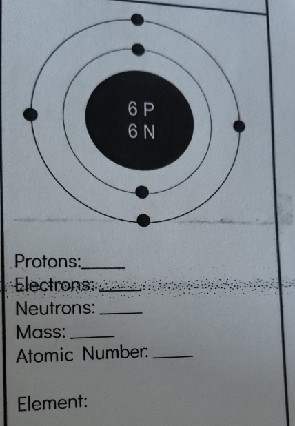 Protons:_ 
Electrons:_ 
Neutrons:_ 
Mass:_ 
Atomic Number:_ 
Element: