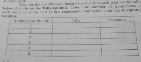 Let's do iti Toss the die for 30 times. Record the result of each trial on the table
below. Put this on the Tally Column.  Count  the  number  of  frequencies  o
each outcome at the end of this experiment and write it on the Frequency