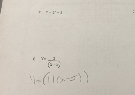 Y=2^x-3
7
8. ^Y=frac 1x-5)