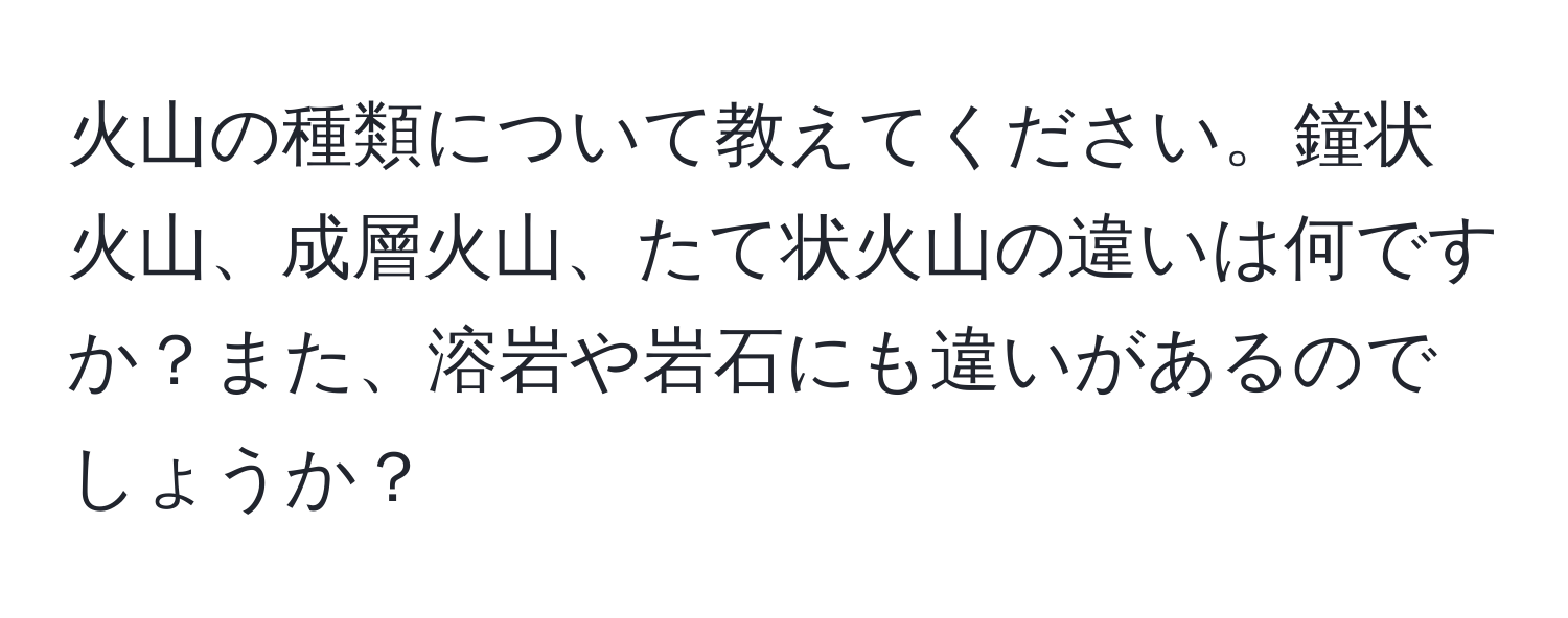 火山の種類について教えてください。鐘状火山、成層火山、たて状火山の違いは何ですか？また、溶岩や岩石にも違いがあるのでしょうか？