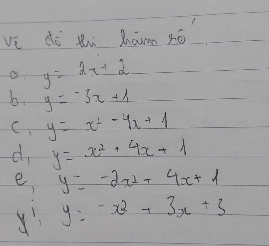 vè dò tn hamzé 
a y=2x+2
b. y=-3x+1
C. y=x^2-4x+1
d y=x^2+4x+1
e y=-2x^2+4x+1
) 
y y=-x^2+3x+3