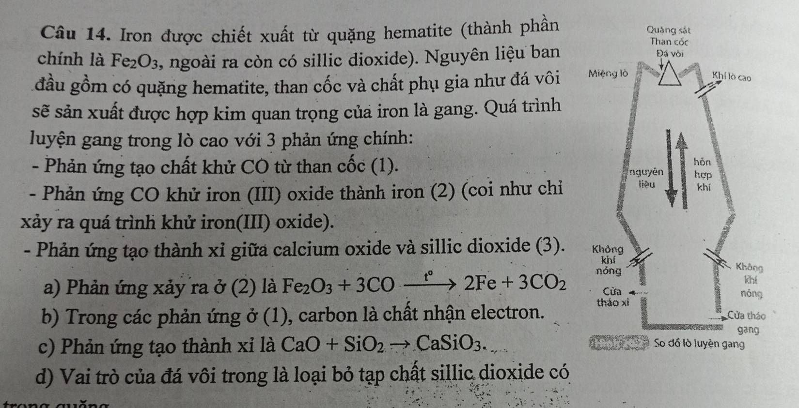 Iron được chiết xuất từ quặng hematite (thành phần 
chính là Fe_2O_3 , ngoài ra còn có sillic dioxide). Nguyên liệu ban 
đầu gồm có quặng hematite, than cốc và chất phụ gia như đá vôi 
sẽ sản xuất được hợp kim quan trọng của iron là gang. Quá trình 
luyện gang trong lò cao với 3 phản ứng chính: 
- Phản ứng tạo chất khử CO từ than cốc (1). 
- Phản ứng CO khử iron (III) oxide thành iron (2) (coi như chỉ 
xảy ra quá trình khử iron(III) oxide). 
- Phản ứng tạo thành xỉ giữa calcium oxide và sillic dioxide (3). 
a) Phản ứng xảy ra ở (2) là Fe_2O_3+3COxrightarrow t°2Fe+3CO_2
b) Trong các phản ứng ở (1), carbon là chất nhận electron. 
c) Phản ứng tạo thành xỉ là CaO+SiO_2to CaSiO_3. 
d) Vai trò của đá vôi trong là loại bỏ tạp chất sillic dioxide có