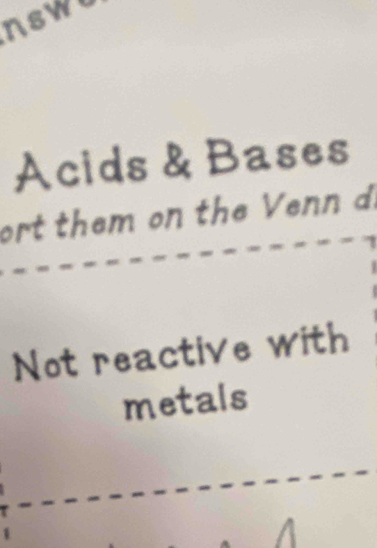 nswo 
Acids & Bases 
ort them on the V enn di 
Not reactive with 
metals