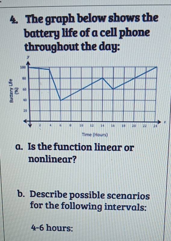 The graph below shows the 
battery life of a cell phone 
throughout the day : 
Time (Hours) 
a. Is the function linear or 
nonlinear? 
b. Describe possible scenarios 
for the following intervals:
4-6 hours :