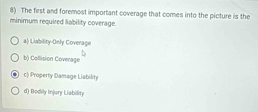 The first and foremost important coverage that comes into the picture is the
minimum required liability coverage.
a) Liability-Only Coverage
b) Collision Coverage
c) Property Damage Liability
d) Bodily Injury Liability