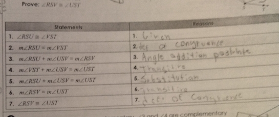 Prove: ∠ RSV≌ ∠ UST
are complementory