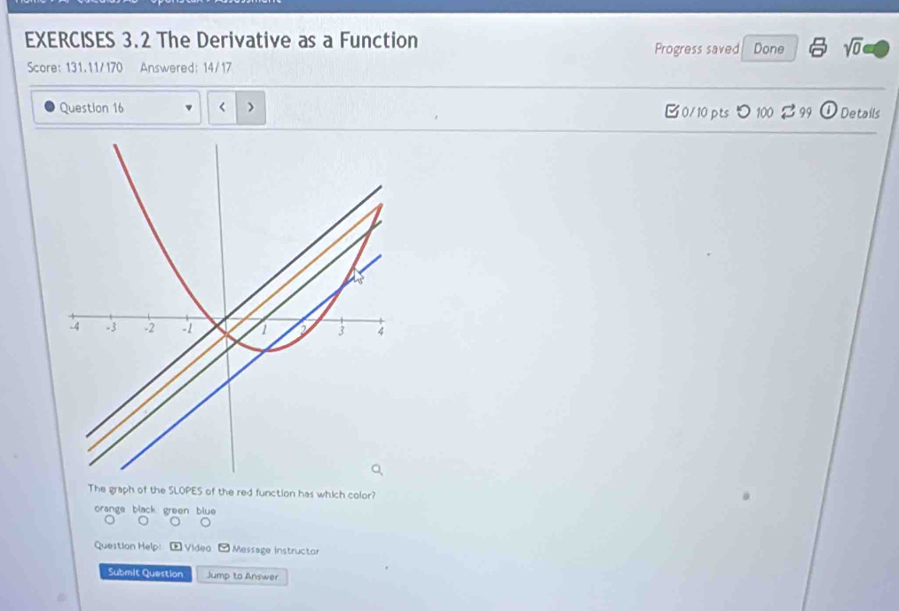 The Derivative as a Function Done sqrt(0) 
Progress saved
Score: 131.11/170 Answered: 14/17
Question 16 L > □0/10 pts つ 100 % 99 Details
The graph of the SLOPES of the red function has which color?
orange black green blue
Question Help: Video - Message instructor
Submit Question Jump to Answer