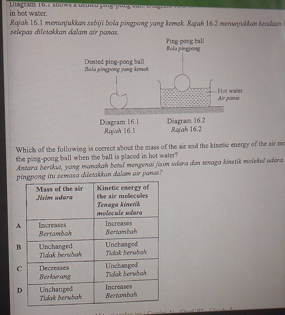 Diagram 16.1 snows a dened ping-pong ou 
in hot water. 
Rajah 16.1 menunjukkan sebiji bola pingpong yang kemek. Rajah 16.2 menunjukkan keadaan 
selepas diletakkan dalam air panas. 
Which of the following is correct about the mass of the air and the kinetic energy of the air mo 
the ping-pong ball when the ball is placed in hot water? 
Antara berikut, yang manakah betul mengenai jisim udara dan tenaga kinetik molekul udara 
pngpong itu semasa diletakkan dalam air panas?