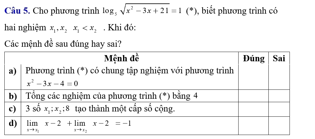 Cho phương trình log _5sqrt(x^2-3x+21)=1 (*), biết phương trình có
hai nghiệm x_1,x_2x_1 . Khi đó:
Các mệnh đề sau đúng hay sai?