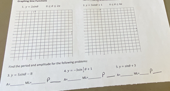 Graphing Sine Functions 
1. y=2sin θ 0≤ θ ≤ 2π 2. y=3sin θ +1 0≤ θ ≤ 4π
Find the period and amplitude for the following problems: 
4. y=-3sin  1/2 θ +1 5. y=sin θ +3
3. y=5sin θ -8 P _ A= _ ML= _ P_ 
P_ A= _ 
_ ML=
A= _ ML= _