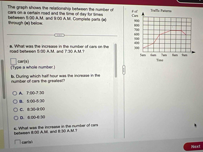 The graph shows the relationship between the number of 
cars on a certain road and the time of day for times 
between 5:00 A.M. and 9:00 A.M. Complete parts (a) 
through (e) below. 
a. What was the increase in the number of cars on the 
road between 5:00 A.M. and 7:30 A.M.?
□ car(s) 
(Type a whole number.)
.
b. During which half hour was the increase in the
number of cars the greatest?
A. 7:00-7:30
B. 5:00-5:30
C. 8:30-9:00
D. 6:00-6:30
c. What was the increase in the number of cars
between 8:00 A.M. and 8:30 A.M.?
car(s)
Next